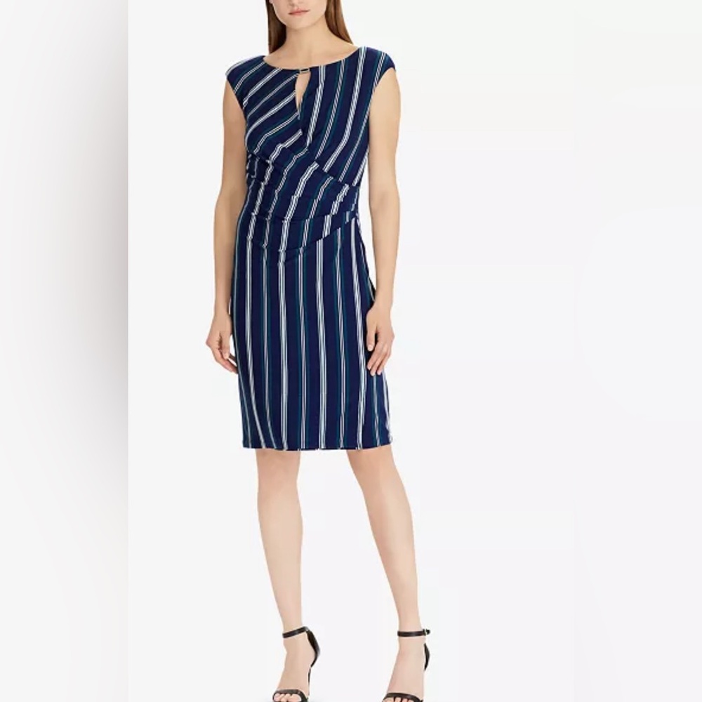 Gorgeous Ralph Lauren Navy and White capped sleeve Striped Midi Dress